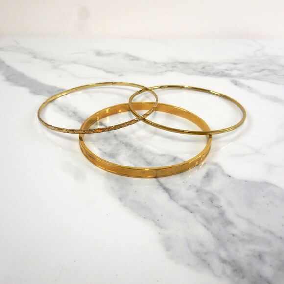 Set of 3 Gold-Tone Stackable Bracelets – Mixed Textures, Layered Set 8 1/2" - Picture 2 of 3